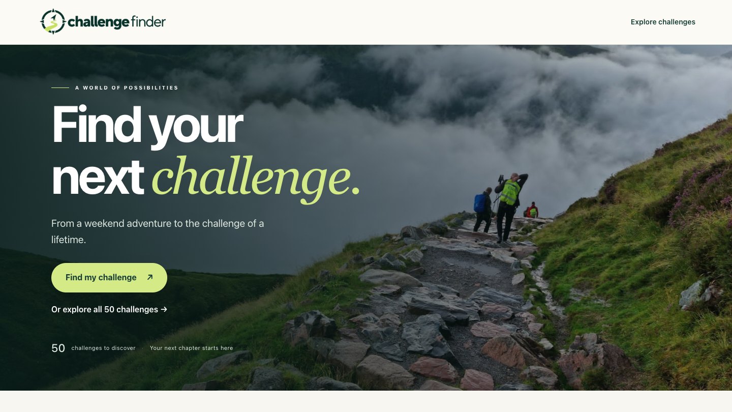 Live ChallengeFinder homepage inviting visitors to find their next challenge