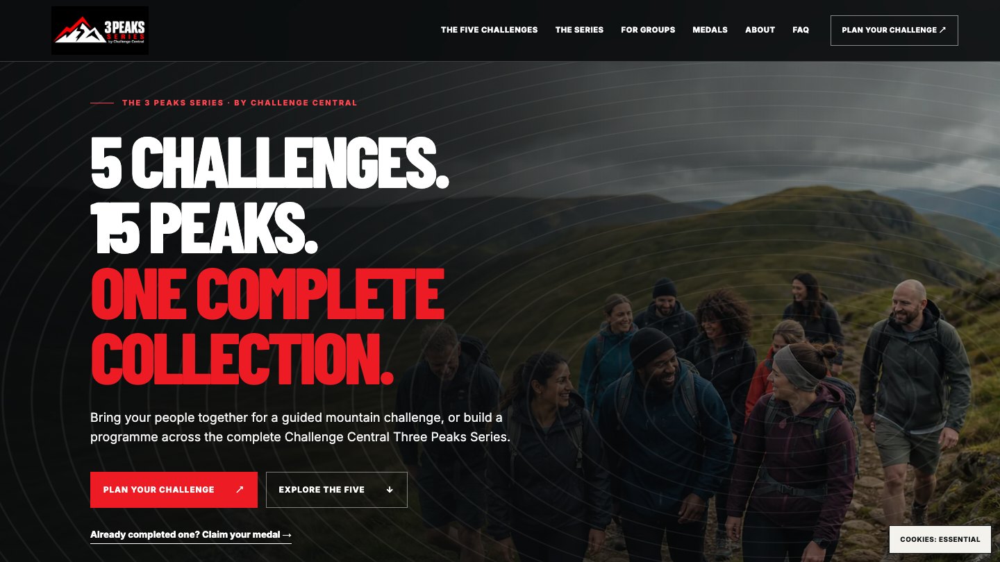 Live 3 Peaks Series homepage showing five challenges, fifteen peaks and one complete collection