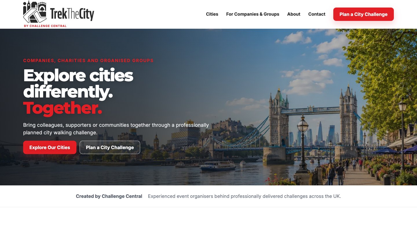 Live Trek the City homepage showing the Explore Cities Differently Together design